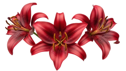 Three red lily flowers isolated PNG, vibrant floral arrangement on transparent background for graphic design and creative projects