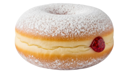 Powdered jelly donut PNG isolated on transparent background, sweet pastry with red jam filling and sugar dusting for bakery and dessert concepts