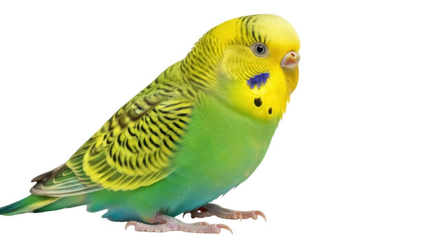 Vibrant green and yellow budgerigar PNG isolated on transparent background, small parakeet with black markings for design projects