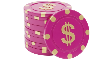 Stack of pink casino chips with dollar sign isolated PNG, gambling tokens for poker and blackjack on transparent background