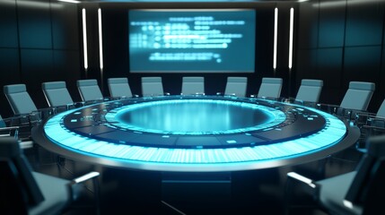 High tech conference room features circular table with glowing blue projection, surrounded by modern office chairs, designed for corporate meetings and presentations in a futuristic setting