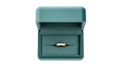 Elegant gold ring in a teal jewelry box isolated PNG, luxury engagement ring for wedding proposal and special occasions on transparent background