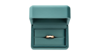 Elegant gold ring in a teal jewelry box isolated PNG, luxury engagement ring for wedding proposal and special occasions on transparent background