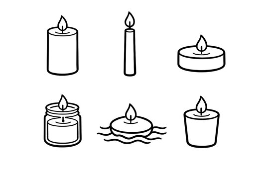 Candle Icon Collection. Candle varietiesset in outline vector style pillar candle, taper candle, tea light, jar candle, floating candle, votive candle