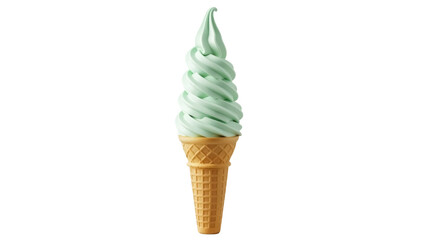 Mint green soft serve ice cream in a waffle cone isolated PNG, refreshing summer dessert on transparent background