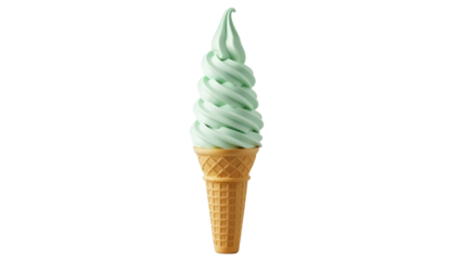 Mint green soft serve ice cream in a waffle cone isolated PNG, refreshing summer dessert on transparent background