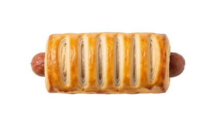 Puff pastry sausage roll isolated PNG, savory snack with flaky crust on transparent background for fast food and bakery concepts