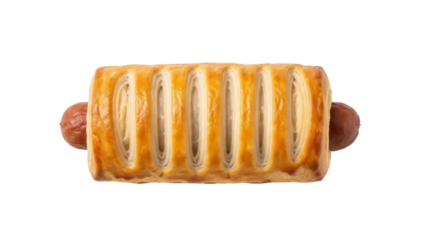 Puff pastry sausage roll isolated PNG, savory snack with flaky crust on transparent background for fast food and bakery concepts