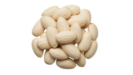 Pile of blanched almonds isolated PNG on transparent background, healthy snack food ingredient for cooking and baking