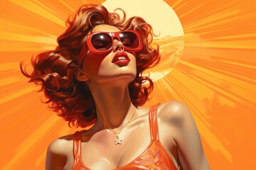 Redhead woman basking in bright sunshine wearing red sunglasses and a bikini top