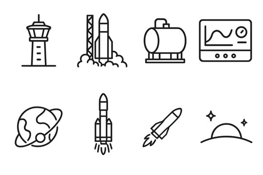 Rocket Launch Icons. Space Rocket Launch set in outline vector style: control tower, fuel tank, booster flame, liftoff cloud, telemetry screen, orbit path, separation stage icon, space horizon