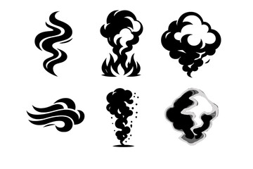 Bold Smoke Icons. Rising smoke icon set in silhouette bold style. Contain curling smoke trail, flame base, smoke cloud, wind lines, dissipating particles, soft glow