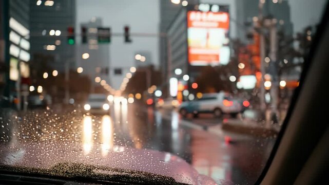 Rainy urban drive: blurred city lights through windshield on a busy evening