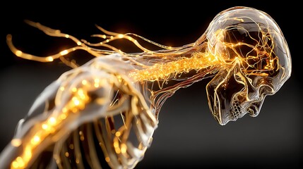 Conceptual digital artwork illustrating a transparent human figure with glowing neural pathways, symbolizing the intricate network of the human nervous system and the future of neu
