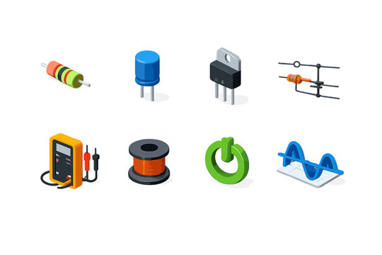 Electrical Engineering Icons. Electrical engineering set in isometric flat vector : resistor, capacitor, transistor, circuit diagram, multimeter, wire coil, power symbol, signal waveform