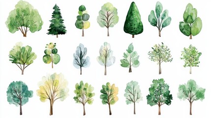 Set of watercolor trees in minimal style for use in children's illustrations, backgrounds, educational materials, and creative projects with playful designs