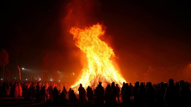 Spectacular bonfire gathering at night illuminates crowd with mesmerizing flames