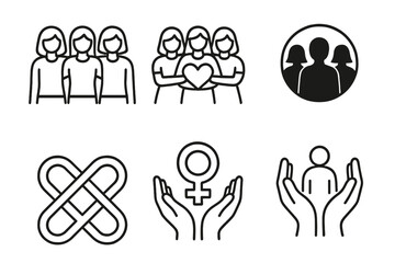 Unity in Diversity. International Women’s Day Community Spirit togetherness set in outline vector style: linked arms, shared heart, group silhouettes, open circle, harmony knot, supportive hands