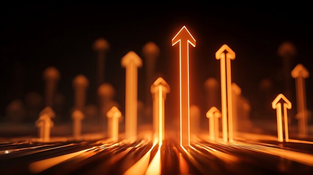 Glowing orange arrows ascending upwards from a dark background, representing progress - Powered by Adobe