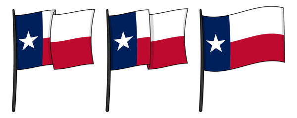 Waving Texas flag set with bold outlines. Lone Star state flag vector illustrations on poles for state pride projects, educational content, travel marketing, and patriotic holiday graphics