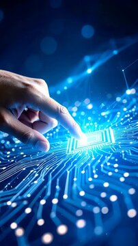 Human finger activating glowing microchip on circuit board with futuristic geometric network, connected digital technology