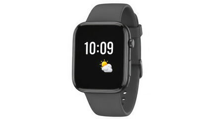 Smartwatch with black band and screen displaying time and weather isolated on transparent background