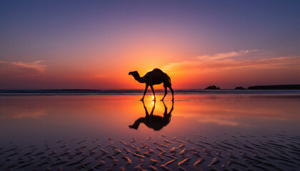 Silhouette of a camel walking on the beach at sunset with a golden reflection in the sand. Tropical ocean landscape with desert animal under a vibrant orange and purple sky at sunrise.