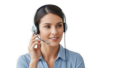 Smiling customer service representative wearing headset and talking on phone isolated on transparent background