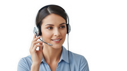Smiling customer service representative wearing headset and talking on phone isolated on transparent background
