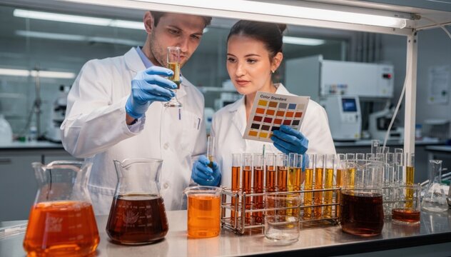 Closeup of lab technicians analyzing soft drink color intensity under bright lights verifying quality standards in a controlled environment.