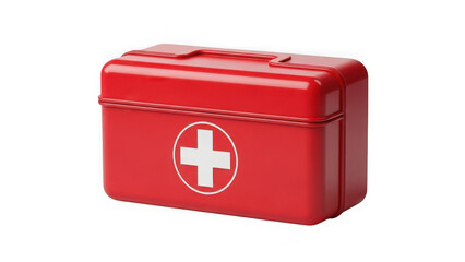 Red metal first aid kit box with white cross on lid isolated on transparent background