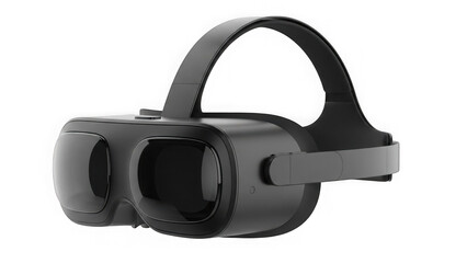 Black virtual reality headset with adjustable head strap and goggles isolated on transparent background