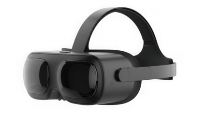 Black virtual reality headset with adjustable head strap and goggles isolated on transparent background