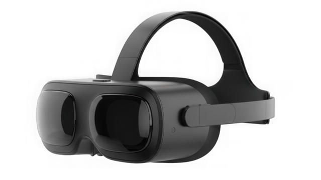Black virtual reality headset with adjustable head strap and goggles isolated on transparent background - Powered by Adobe
