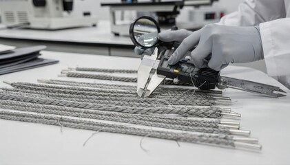Medium shot capturing detailed handson examination of grey cord samples with instruments focusing on texture and consistency in quality inspection processes.
