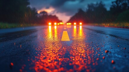 Wet Asphalt Road Reflecting Orange Traffic Lights at Dusk Under Dramatic Clouds