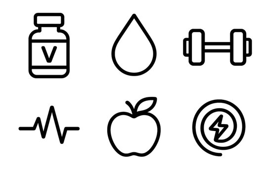 Power-Up Icons. Power Ups physical set in outline vector style: vitamin bottle, water droplet, dumbbell, pulse line, fresh fruit, energy swirl