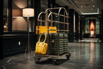 Bellhop cart holding suitcases and bag standing in an elegant hotel hallway