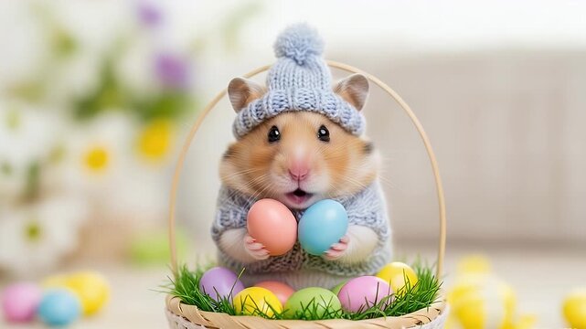 Easter hamster in wicker basket with pastel eggs and knit hat