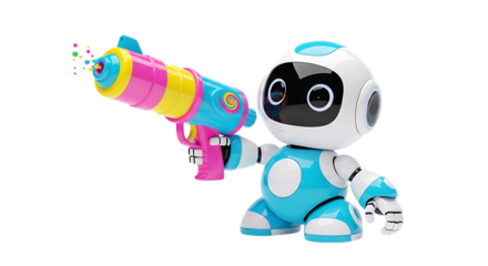 Cute blue and transparent white robot holding colorful toy gun