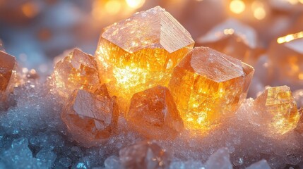 Close Up Macro Of Luminous Orange Crystals Emerging From Frosty Ground With Soft Bokeh Lights In