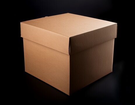 a brown square cardboard box isolated on a black background front view