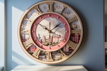 Detailed clock face presenting a miniature cityscape with buildings and trees inside