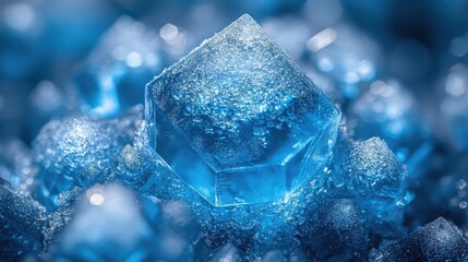 Close up Macro Shot Of Blue Ice Crystals With Sparkles and Frost Detail