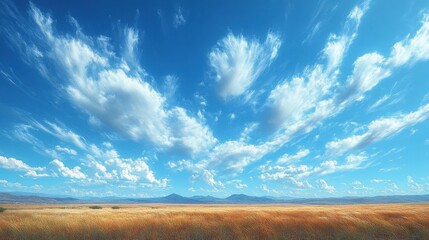 Vast Golden Wheat Field Under a Dynamic Blue Sky with Wispy Clouds Over Distant Horizon