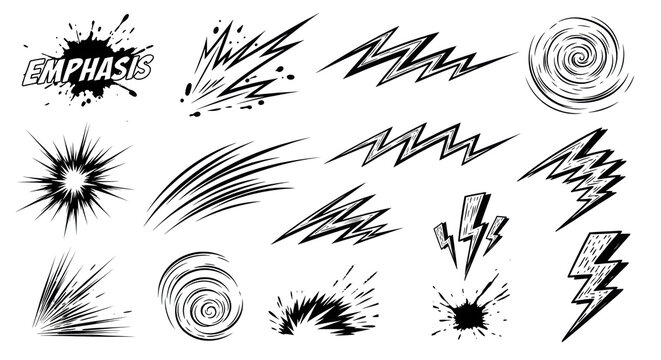 Dynamic hand-drawn black doodle lines and shapes including splatters, zigzags, spirals, and lightning bolts, isolated on a transparent background with copy space. Concept for graphic design elements