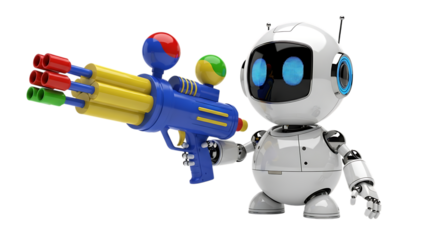 Cute transparent white robot holding a colorful toy gun