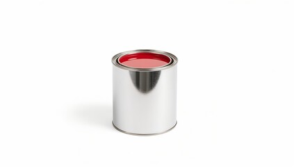 A close-up shot of an open paint can filled with vibrant red paint. The can is made of a shiny, metallic material and contrasts with the bold color within.