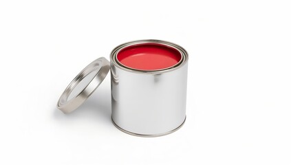 An open paint can filled with vibrant red paint, with a lid nearby. The paint can is cylindrical, with a metallic finish, and the lid is slightly ajar