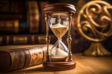 Sand falling in an antique hourglass on a wooden desk with old books
